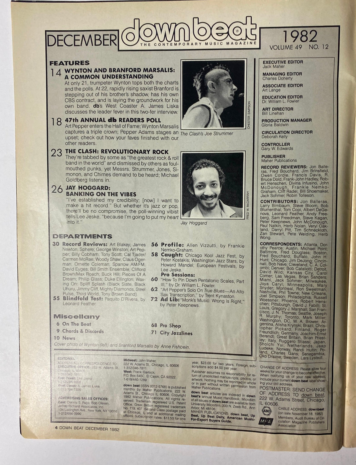 Back cover of Down Beat Magazine December 1982 Vol 49 No. 12, displaying a list of features including Wynton and Branford Marsalis, The Clash, and Jay Hoggard, emphasizing the magazine's coverage of music industry highlights.