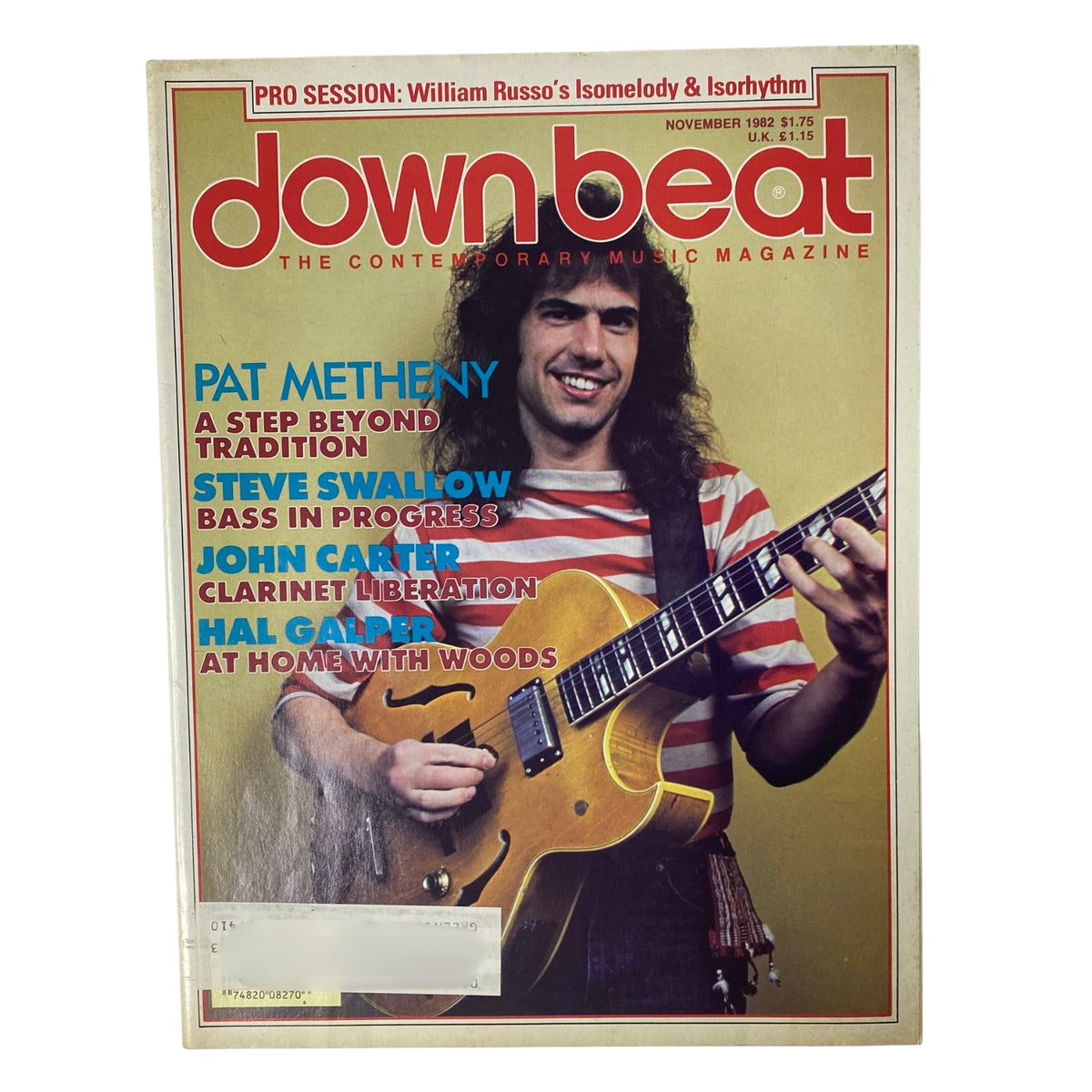 Down Beat Magazine cover from November 1982, Volume 49, Issue 11 featuring Pat Metheny with the headline 'A Step Beyond Tradition' along with mentions of Steve Swallow, John Carter, and Hal Galper.