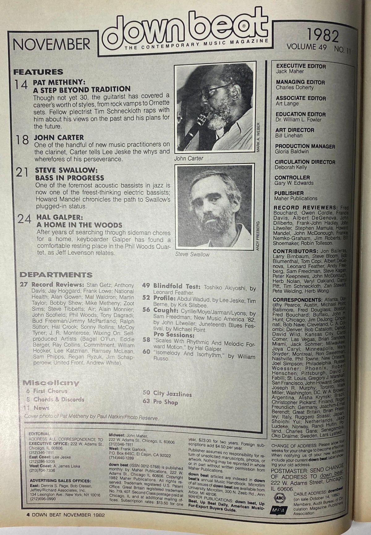 Down Beat Magazine November 1982 Vol 49 No 11 featuring Pat Metheny on the cover, showcasing articles on jazz music, interviews, and artist profiles including John Carter and Steve Swallow.