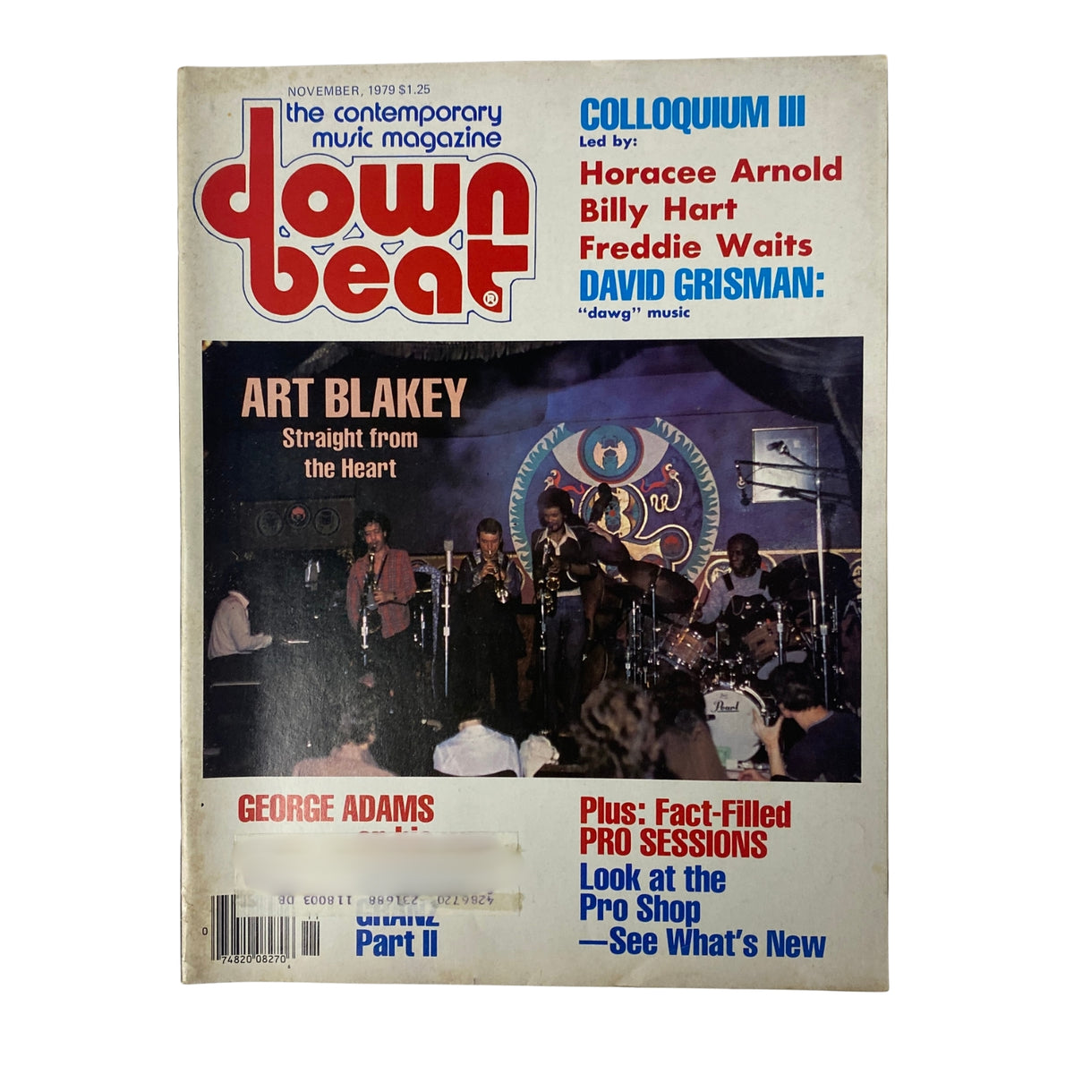 Cover of Down Beat Magazine November 1979 Vol 46 No. 17 featuring Art Blakey and George Adams, highlighting articles on jazz and percussionists.