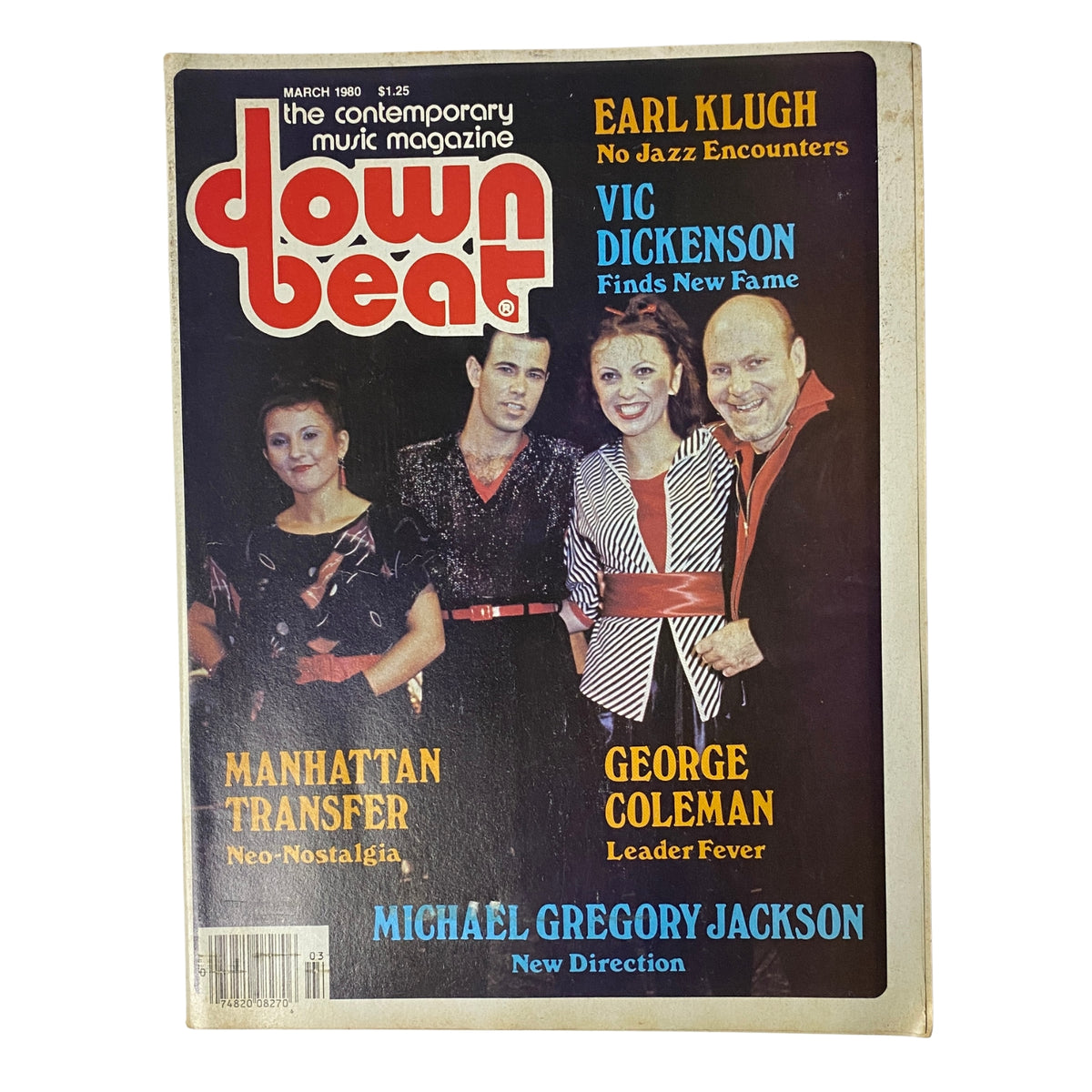 Cover of Down Beat Magazine March 1980 Vol. 47 No. 3 featuring Vic Dickenson, Manhattan Transfer, Earl Klugh, George Coleman, and Michael Gregory Jackson, showcasing important jazz figures and music trends.