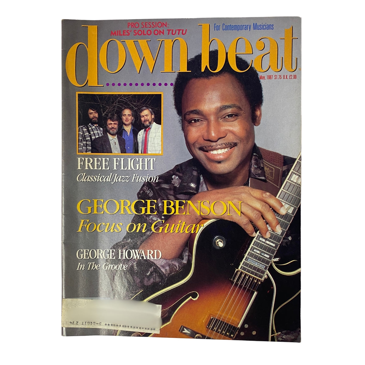 Cover of Down Beat Magazine May 1987 featuring George Benson, showcasing the focus on guitar with photos of the Free Flight ensemble and George Howard.
