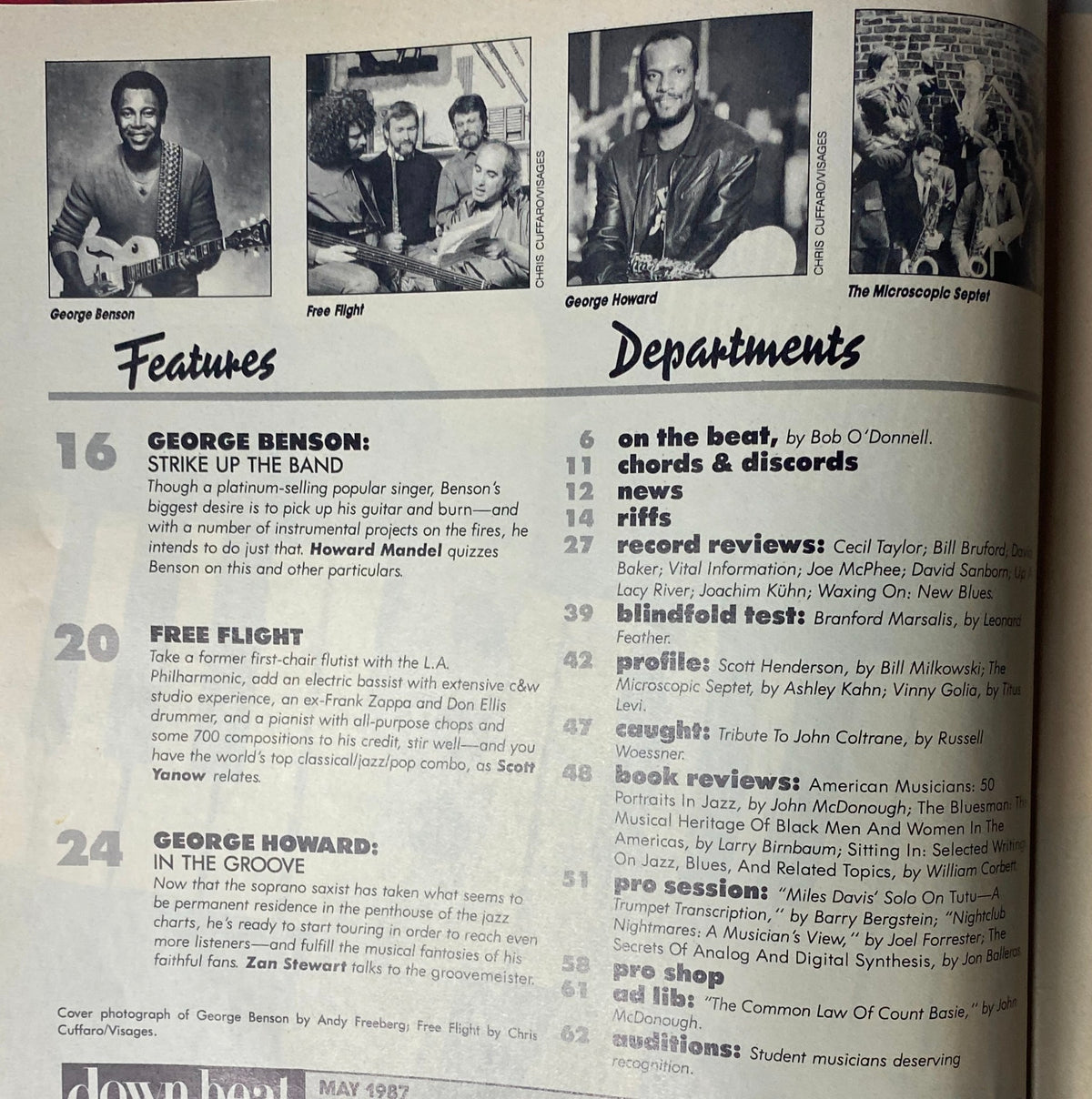 Interior page from Down Beat Magazine May 1987 displaying features on George Benson, Free Flight, and George Howard, including department listings and music reviews.