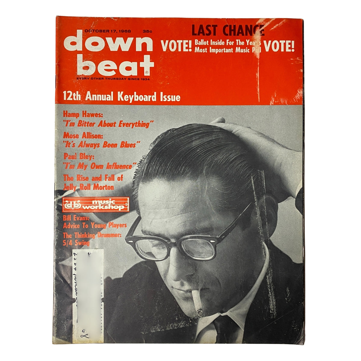 Down Beat Magazine October 17, 1968 Vol 35 No. 21 featuring Hamp Hawes on the cover, showcasing the 12th Annual Keyboard Issue, with an article on 'I'm Bitter About Everything' and additional features including topics on Bill Evans and Jelly Roll Morton.