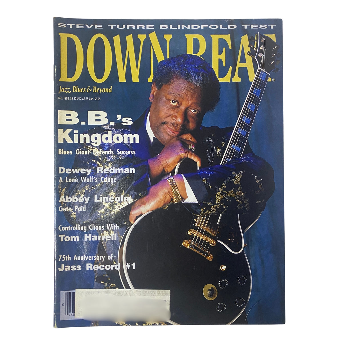 Down Beat Magazine February 1992 featuring B.B. King on the cover, highlighting the 'E Pluribus Bluesman' article discussing his career, along with profiles of Abbey Lincoln and Dewey Redman.