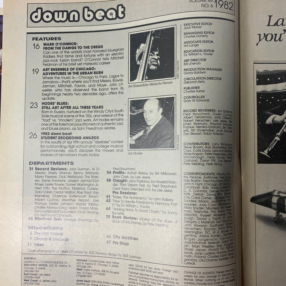 Table of contents for Down Beat Magazine June 1982, highlighting features on Mark O'Connor, Art Hodes, and the Art Ensemble of Chicago.