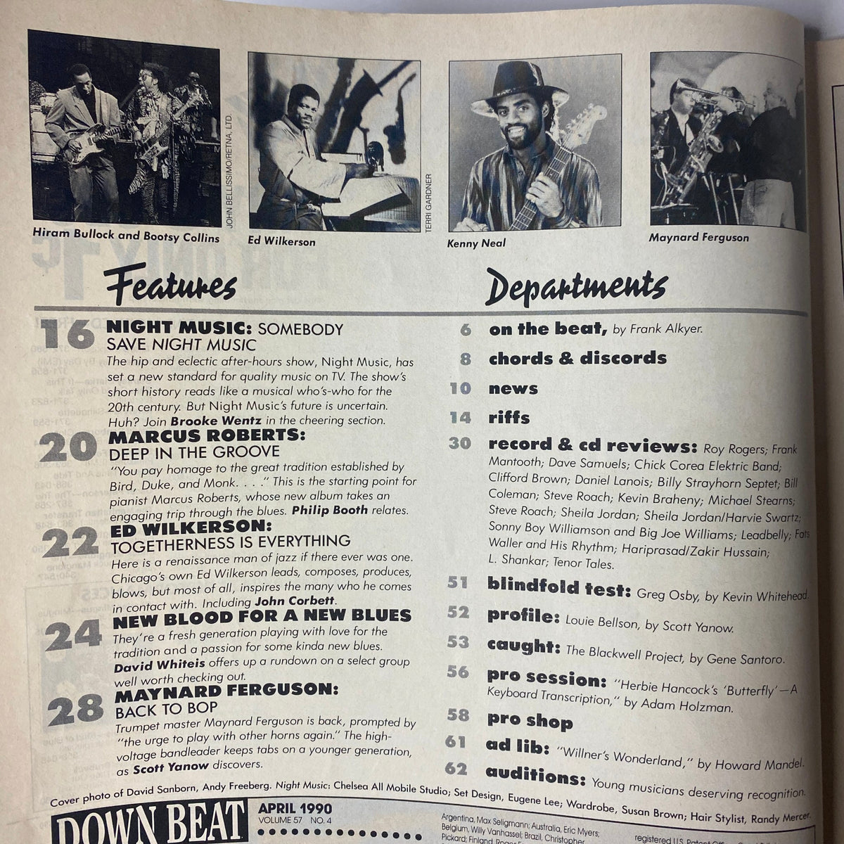 Table of Contents from Down Beat Magazine April 1990, detailing features on Night Music, Marcus Roberts, Ed Wilkerson, and Maynard Ferguson, along with departments such as news and record reviews.
