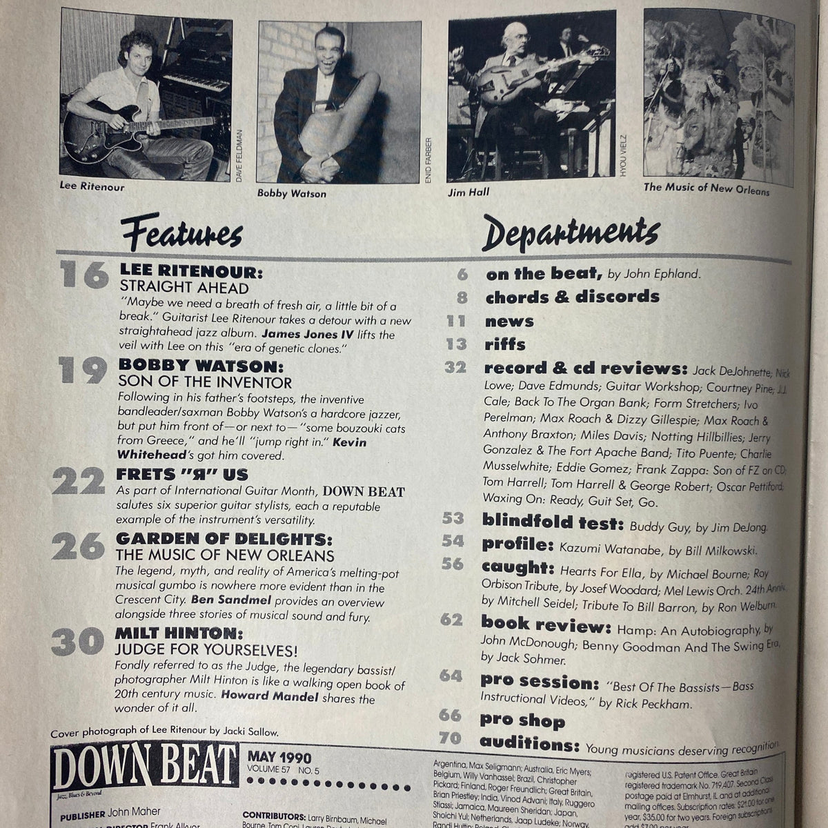 Interior page of Down Beat Magazine May 1990 showcasing features including 'Son of the Inventor' on Bobby Watson and profiles of Jim Hall and New Orleans music, alongside other department highlights.