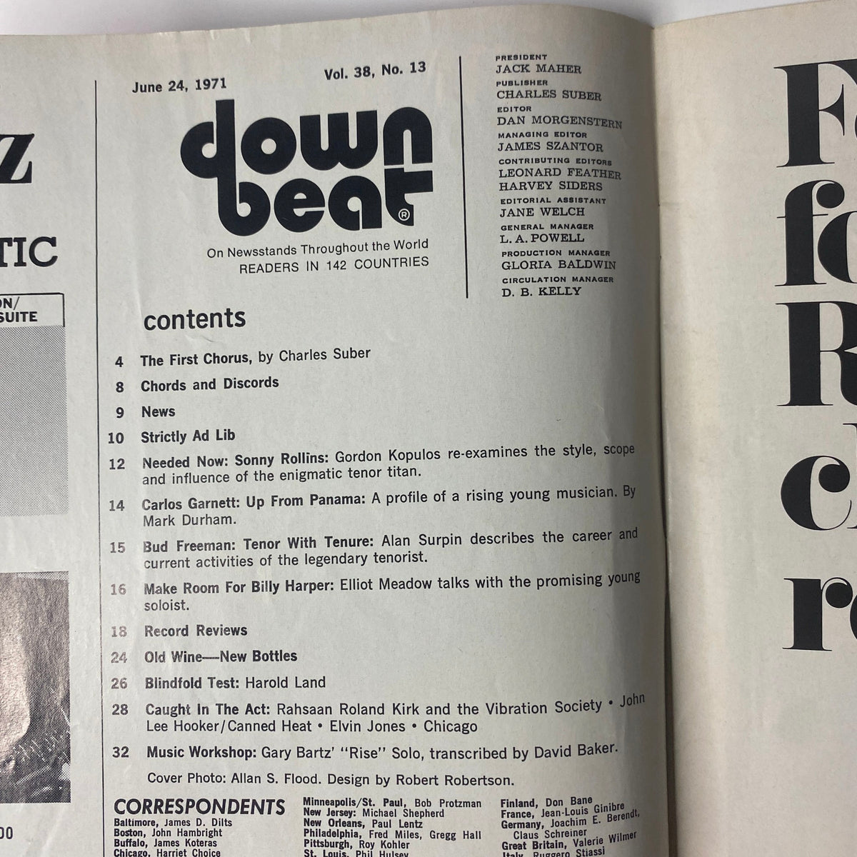 Table of contents from Down Beat Magazine June 24, 1971, Vol 38 No. 13, outlining features on Sonny Rollins, Bud Freeman, and others in jazz.