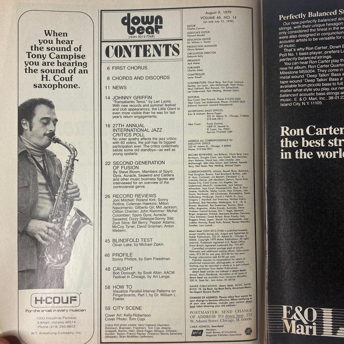 Contents page of Down Beat Magazine August 9, 1979 Vol 46 No. 14, listing articles including Johnny Griffin’s profile and the 27th Annual International Jazz Critics Poll.