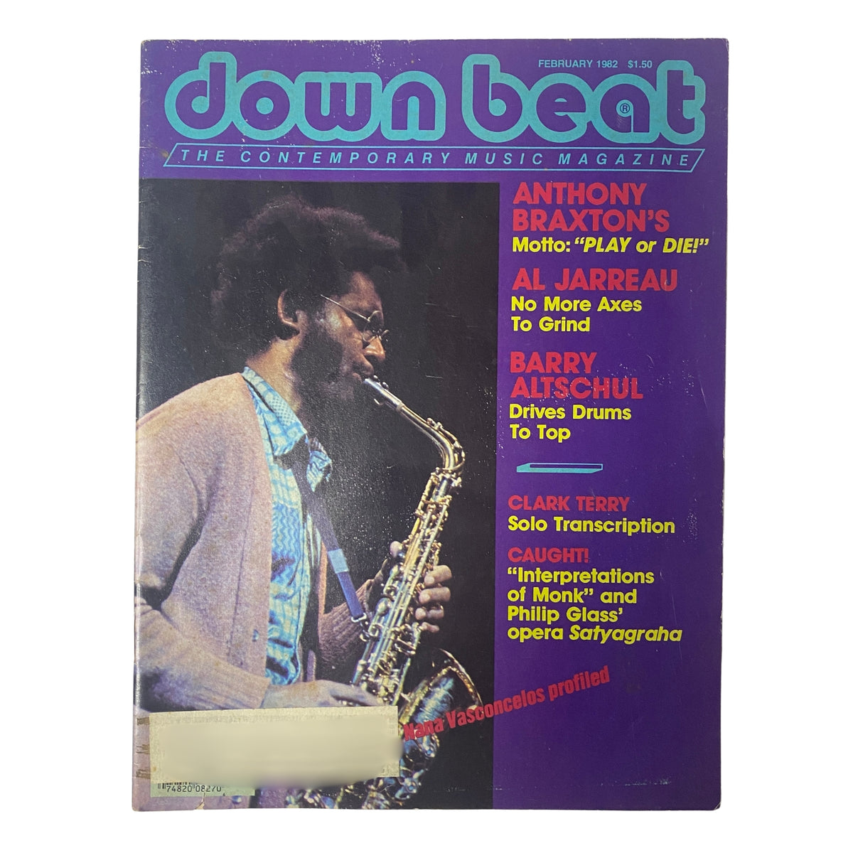 Cover of Down Beat Magazine, February 1982, featuring Anthony Braxton, Al Jarreau, and Barry Altschul, highlighting jazz music and culture.