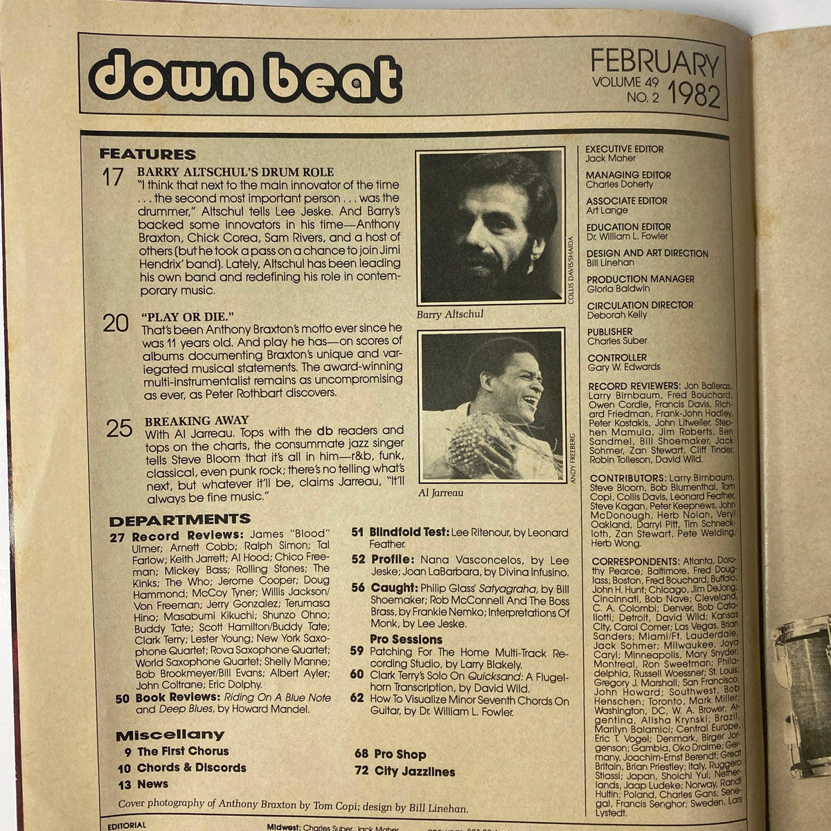 Inside page of Down Beat Magazine, February 1982, showcasing articles on Barry Altschul, Anthony Braxton, Al Jarreau, and various departments related to jazz music.