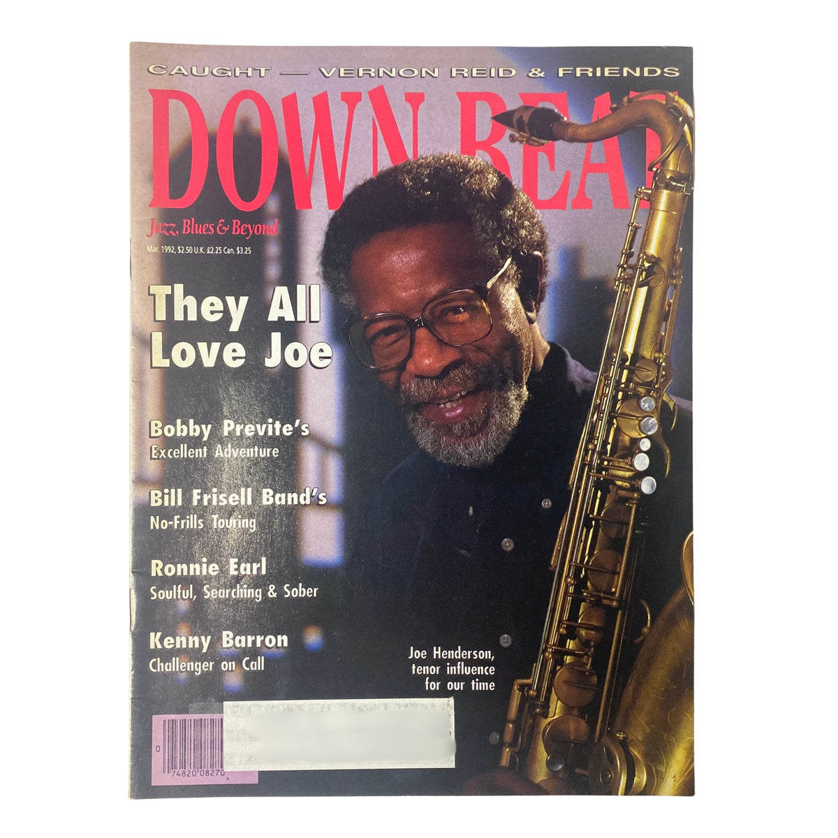 Cover of Down Beat Magazine March 1992 featuring Joe Henderson, titled 'They All Love Joe'. Highlights the legendary tenor saxophonist with a photo showcasing him playing the saxophone.
