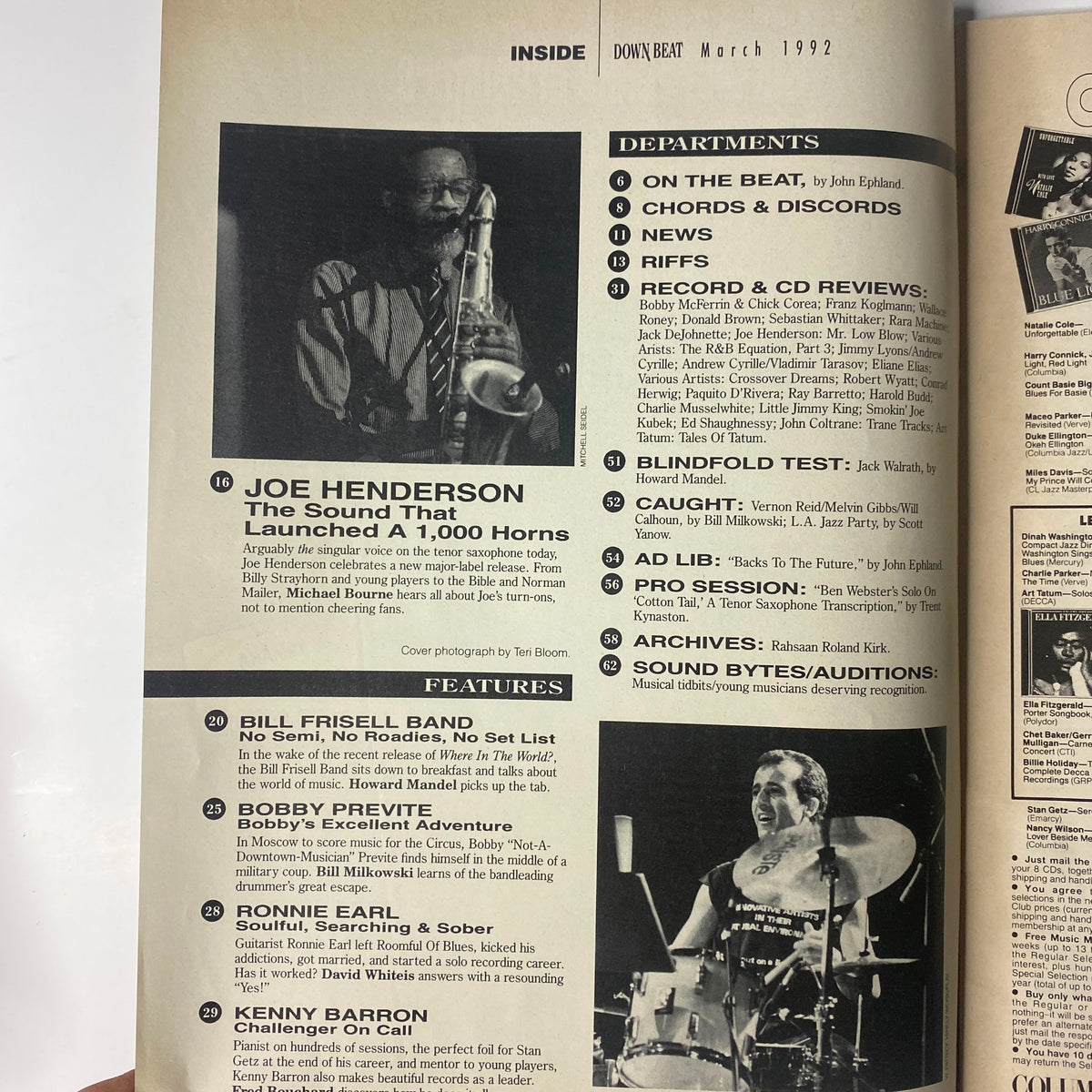 Inside page of Down Beat Magazine March 1992, featuring a feature article titled 'Joe Henderson: The Sound That Launched a 1,000 Horns'. Contains information on key contributors and topics related to jazz music.