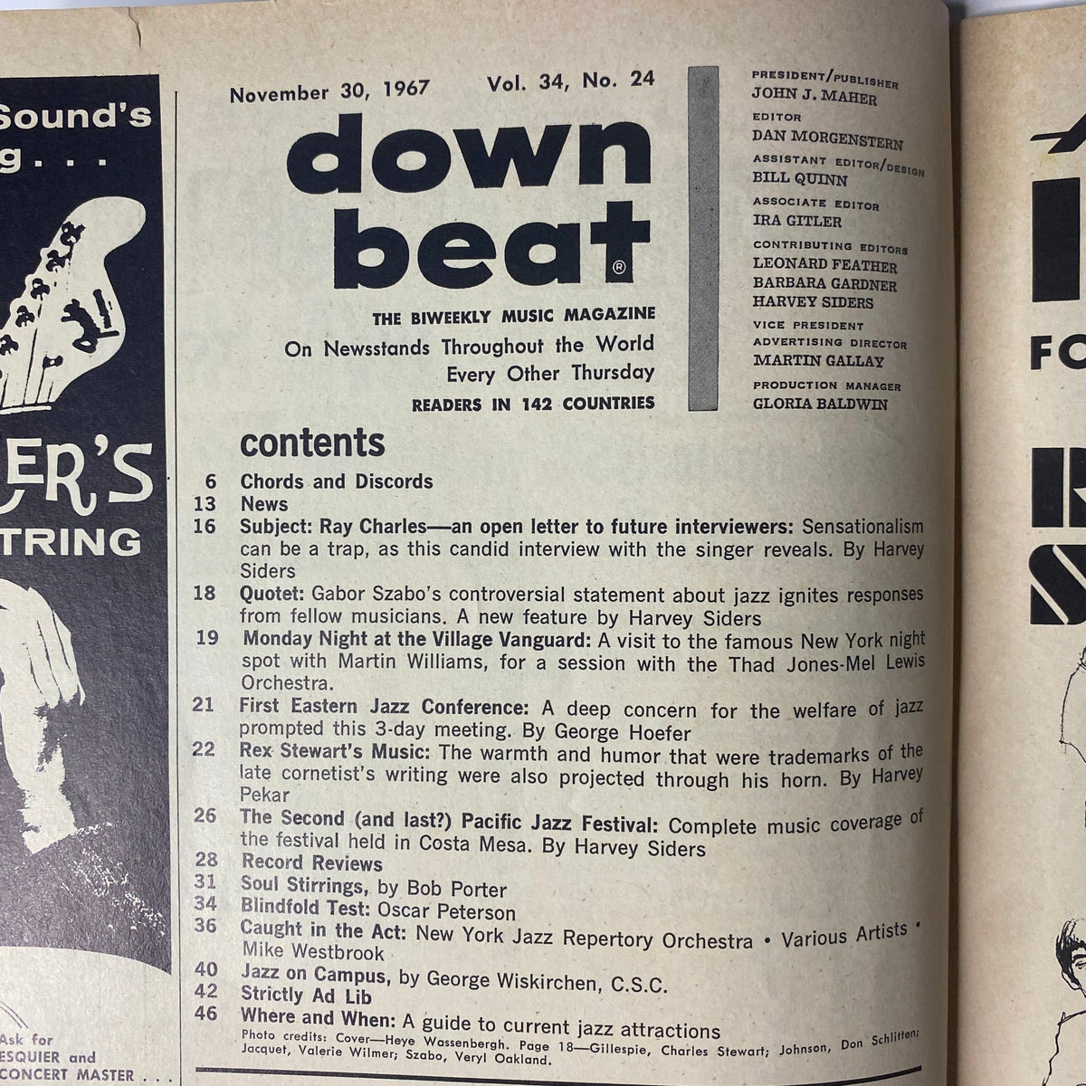 Inside page from Down Beat Magazine, November 30, 1967, Vol 34 No. 24 displaying the contents section with details about Ray Charles and other jazz features.
