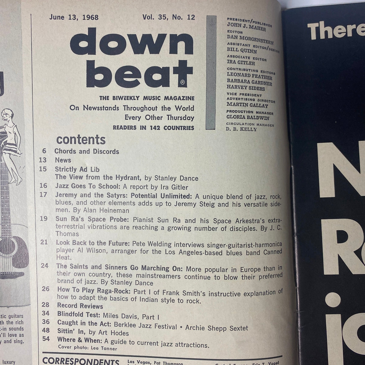 Contents page of Down Beat Magazine June 13, 1968 Vol 35 No. 12, listing articles including 'The View from the Hydrant', 'Jeremy and the Satyrs: Potential Unlimited', and 'How to Blow Raga Rock', showcasing the rich content focused on jazz music.