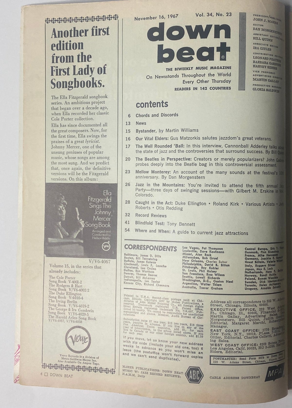 Down Beat Magazine cover from November 16, 1967, featuring sections on The Beatles and Tony Bennett, highlighting music reviews and festival reports from the late 1960s.
