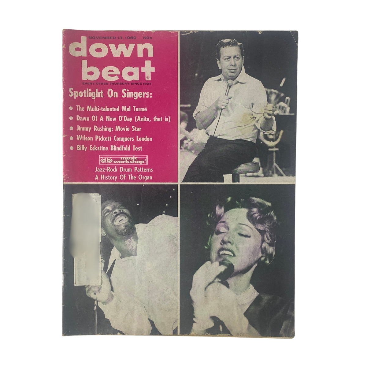 Cover of Down Beat Magazine, November 13, 1969, featuring Wilson Pickett, Billy Eckstine, and Mel Tormé, highlighting classic jazz and soul music.
