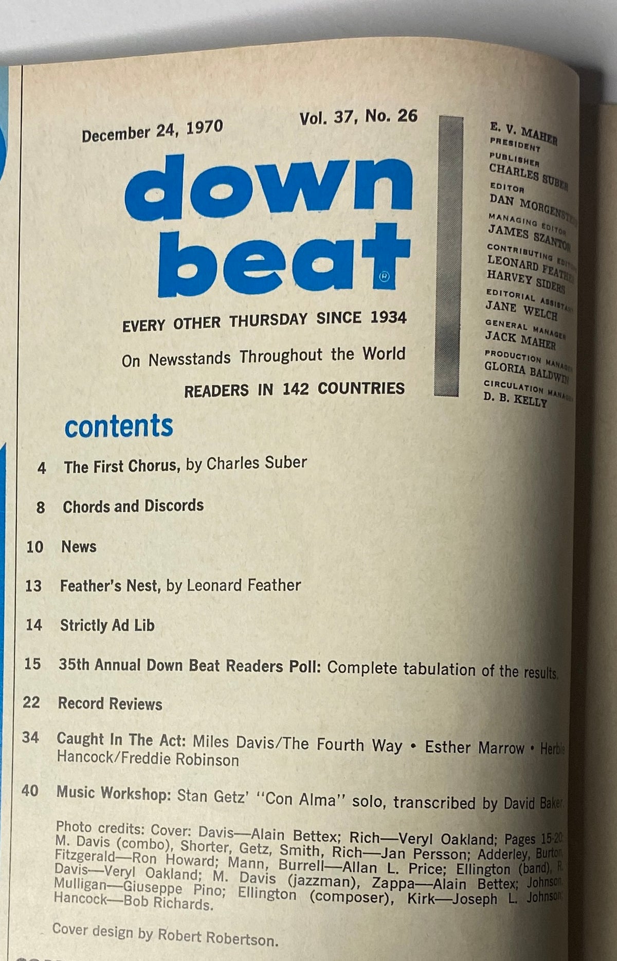 Contents page of Down Beat Magazine December 24, 1970 Vol 37 No 26 listing articles including The First Chorus by Charles Suber and details from the 35th Annual Down Beat Readers Poll.