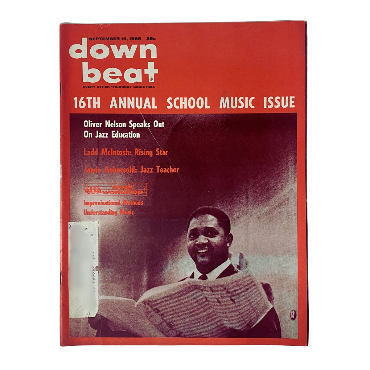 Cover of Down Beat Magazine September 19, 1968, Vol. 35 No. 19 featuring Oliver Nelson, with highlights on jazz education and contributions from prominent jazz figures like Ladd McIntosh and Jamey Aebersold.