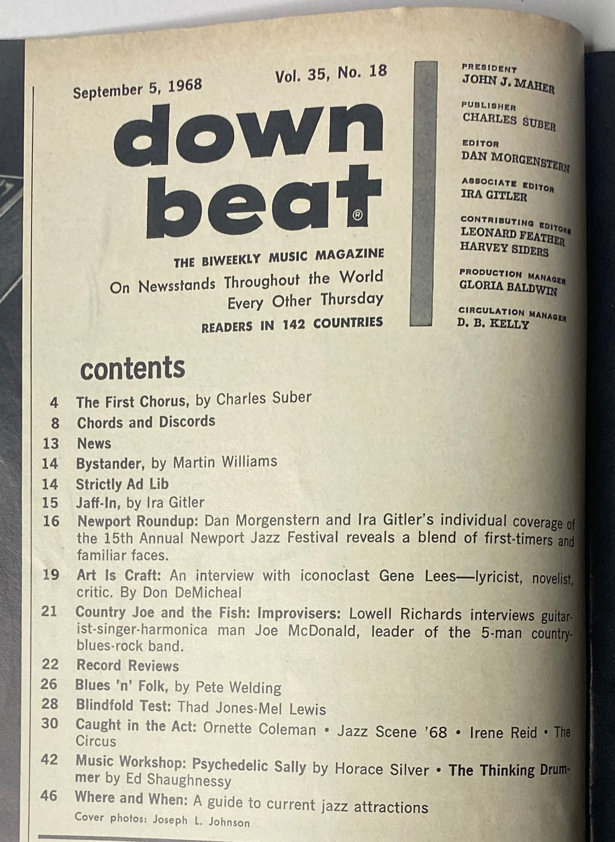 Contents page of Down Beat Magazine, September 5, 1968, Vol. 35 No. 18, listing articles including features on Horace Silver and Ed Shaughnessy.