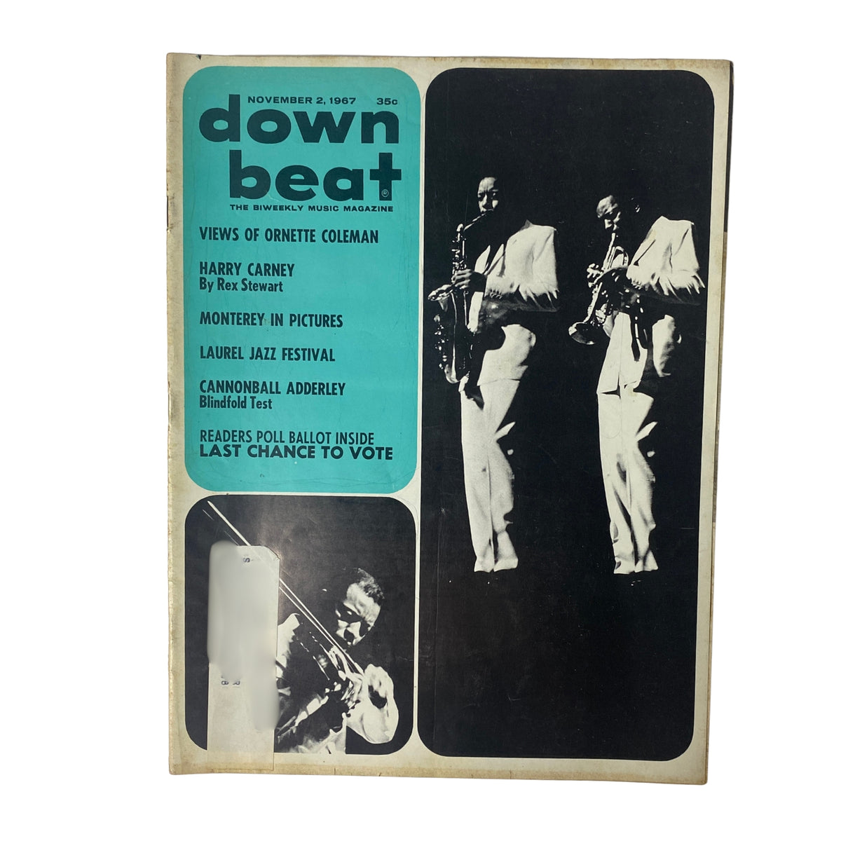 Cover of Down Beat Magazine, November 2, 1967, Volume 34, No. 22, featuring a portrait of saxophonists Harry Carney and Cannonball Adderley, with highlight sections on views of Ornette Coleman, Monterey Jazz Festival, and a Blindfold Test.