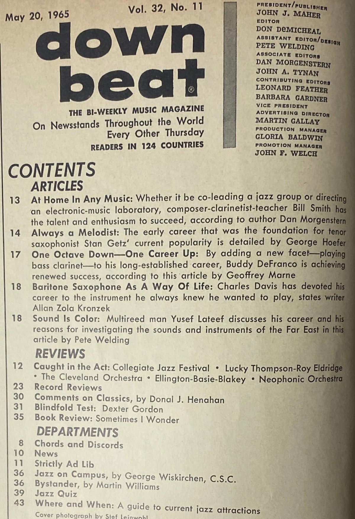 Table of contents from Down Beat Magazine, May 20, 1965, Vol 32 No. 11 listing articles on Yusef Lateef, Buddy DeFranco, and other notable jazz figures, highlighting features and reviews.