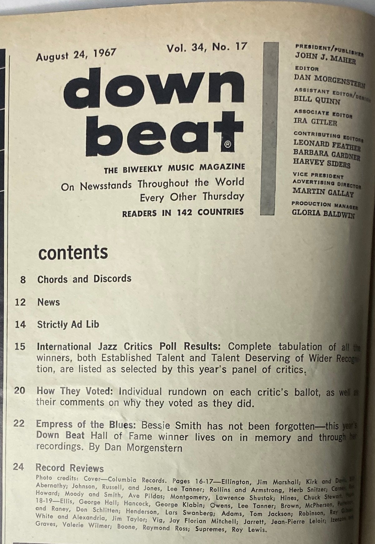 Table of contents from Down Beat Magazine August 24, 1967, Vol. 34 No. 17, detailing articles including Jazz Critics Poll Results and tribute to Bessie Smith.