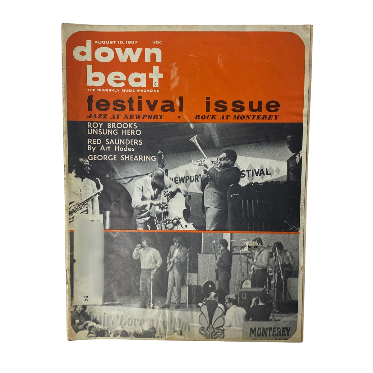 Cover of Down Beat Magazine August 10, 1967 Vol 34 No 16 featuring Roy Brooks and George Shearing, highlighting festival coverage at Newport and Monterey.