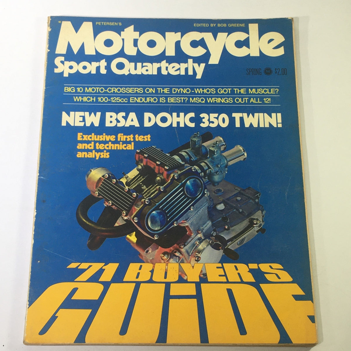 Vintage magazine cover of VTG Motorcycle Sport Quarterly Spring 1971 featuring the BSA DOHC 350 Twin, showcasing articles and features on motorcycle performance with a vibrant design.