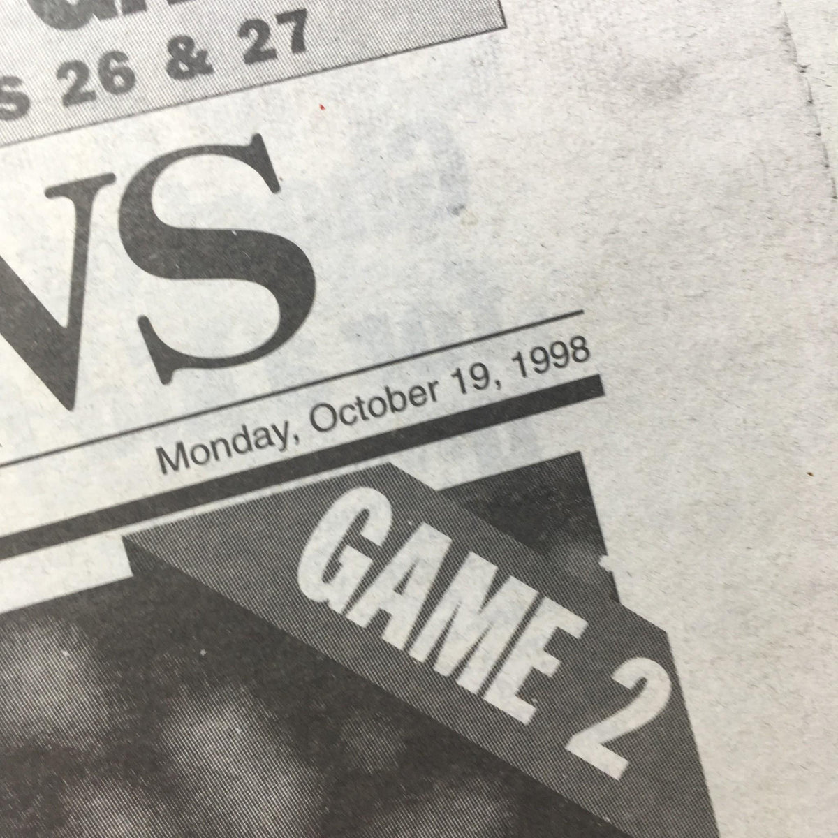 Close-up of the NY Daily News date and issue information, dated October 19, 1998, featuring the title 'Game 2' related to the New York Yankees World Series coverage.