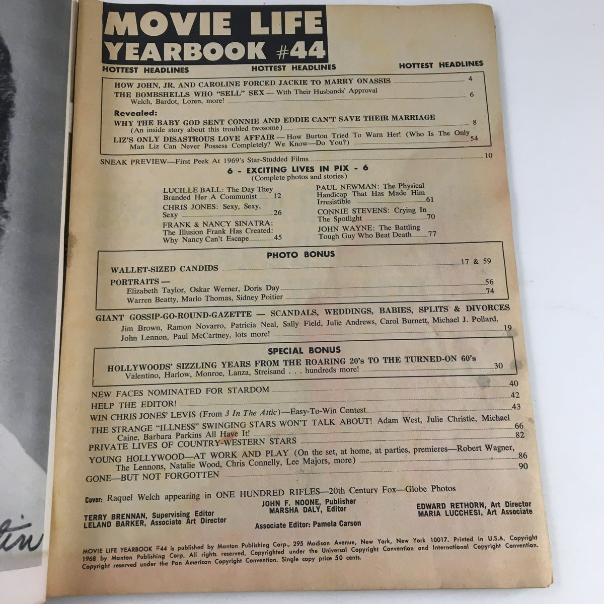 Image of the Movie Life Yearbook #44 from 1968, featuring the table of contents including celebrities like Elizabeth Taylor and Richard Burton, showcasing notable headlines and special features reflecting Hollywood's classic cinema era.