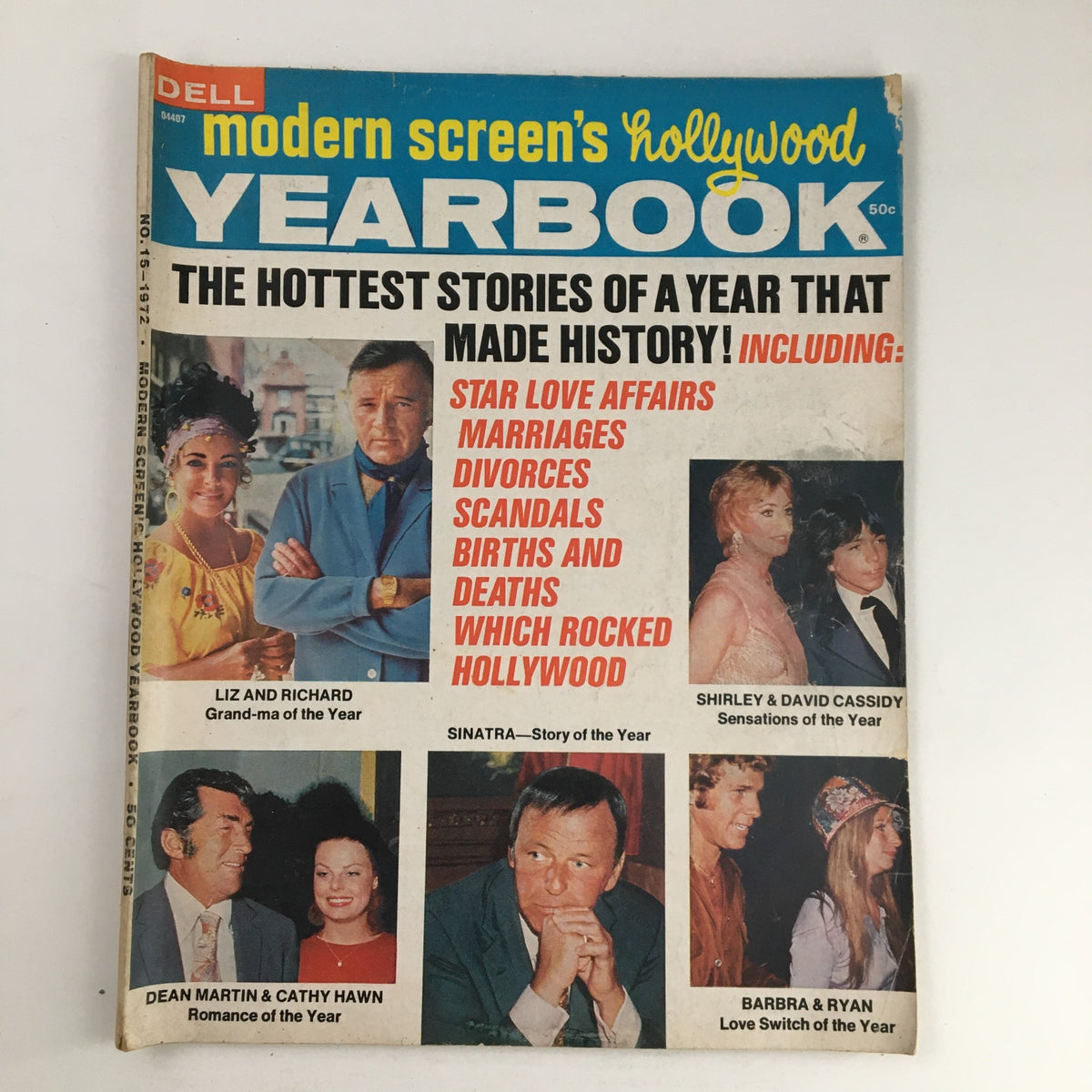 Cover of Modern Screen's Hollywood Yearbook 1972 featuring iconic stars Liz Taylor and Richard Burton, along with headlines on Hollywood's major events like marriages and scandals.