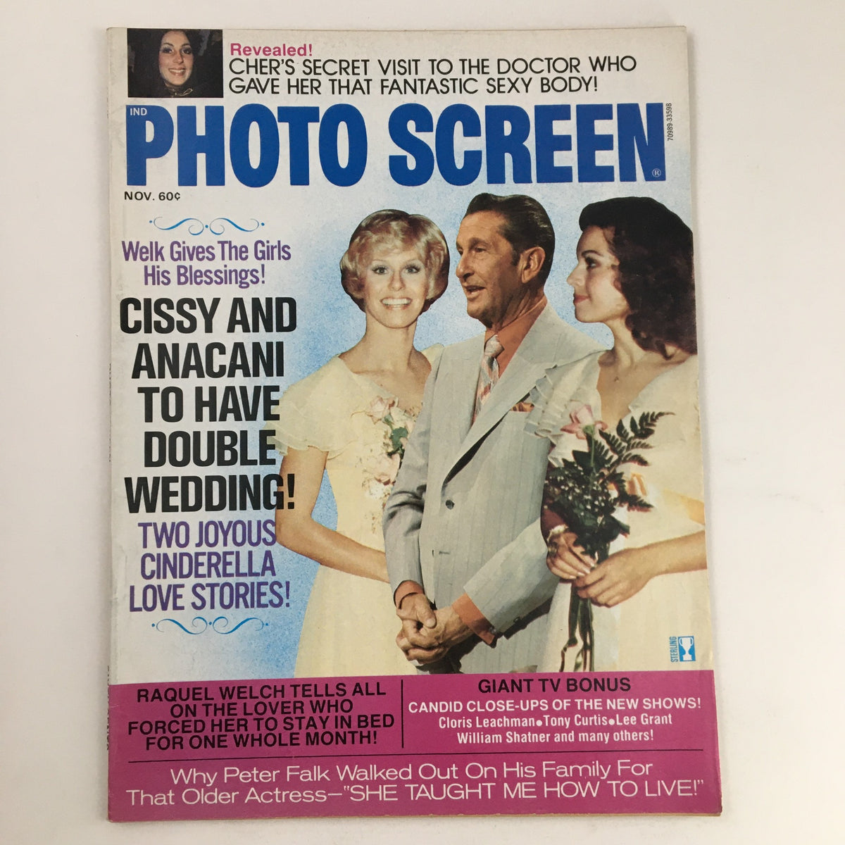 Photo Screen Magazine November 1975 featuring Cissy and Anacani on the cover, highlighting their double wedding, with vibrant colors and engaging headlines.