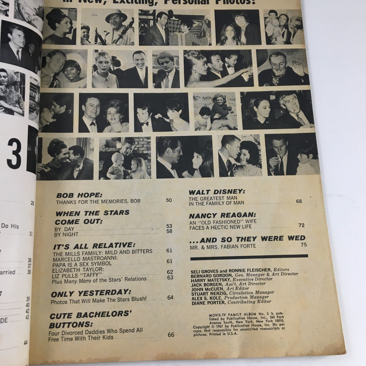 Contents page of Movie TV Family Album No. 3, listing exciting features and personal photos of iconic stars from the 1960s.