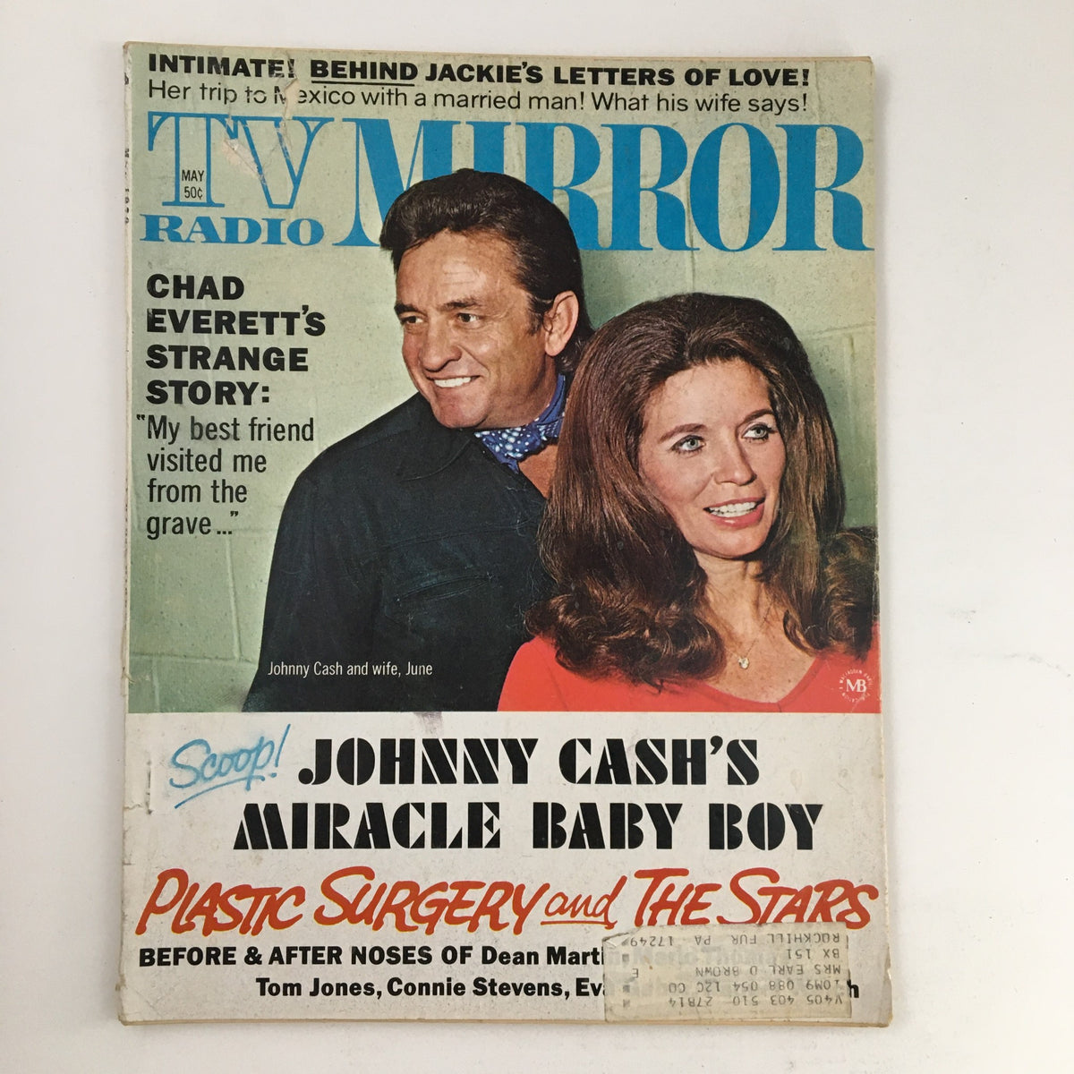 Cover of TV Radio Mirror Magazine May 1970 featuring Johnny Cash and June Carter Cash, highlighting their joy around the arrival of their miracle baby boy.