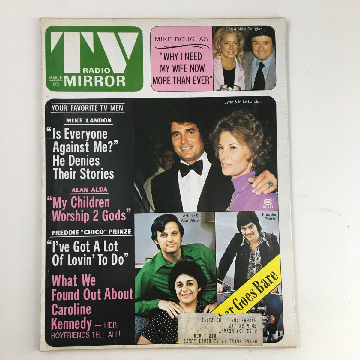 Cover of the TV Radio Mirror Magazine dated March 1975 featuring Lynn & Mike Landon, Arlene & Alan Alda, along with headlines about popular television personalities of the time.