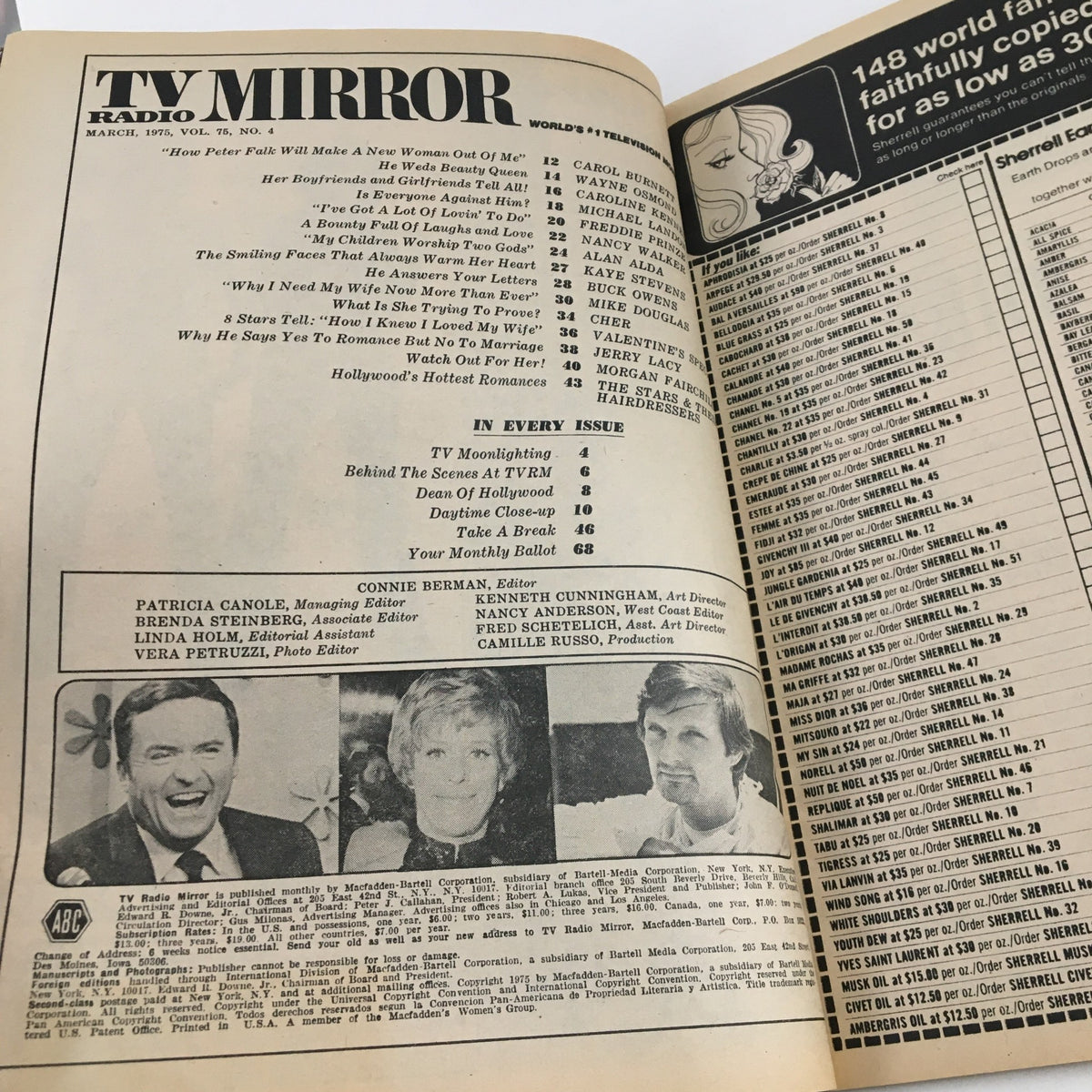 Inside view of TV Radio Mirror Magazine March 1975 showing the table of contents. Features articles about Lynn & Mike Landon, Arlene & Alan Alda, and popular shows of the time.