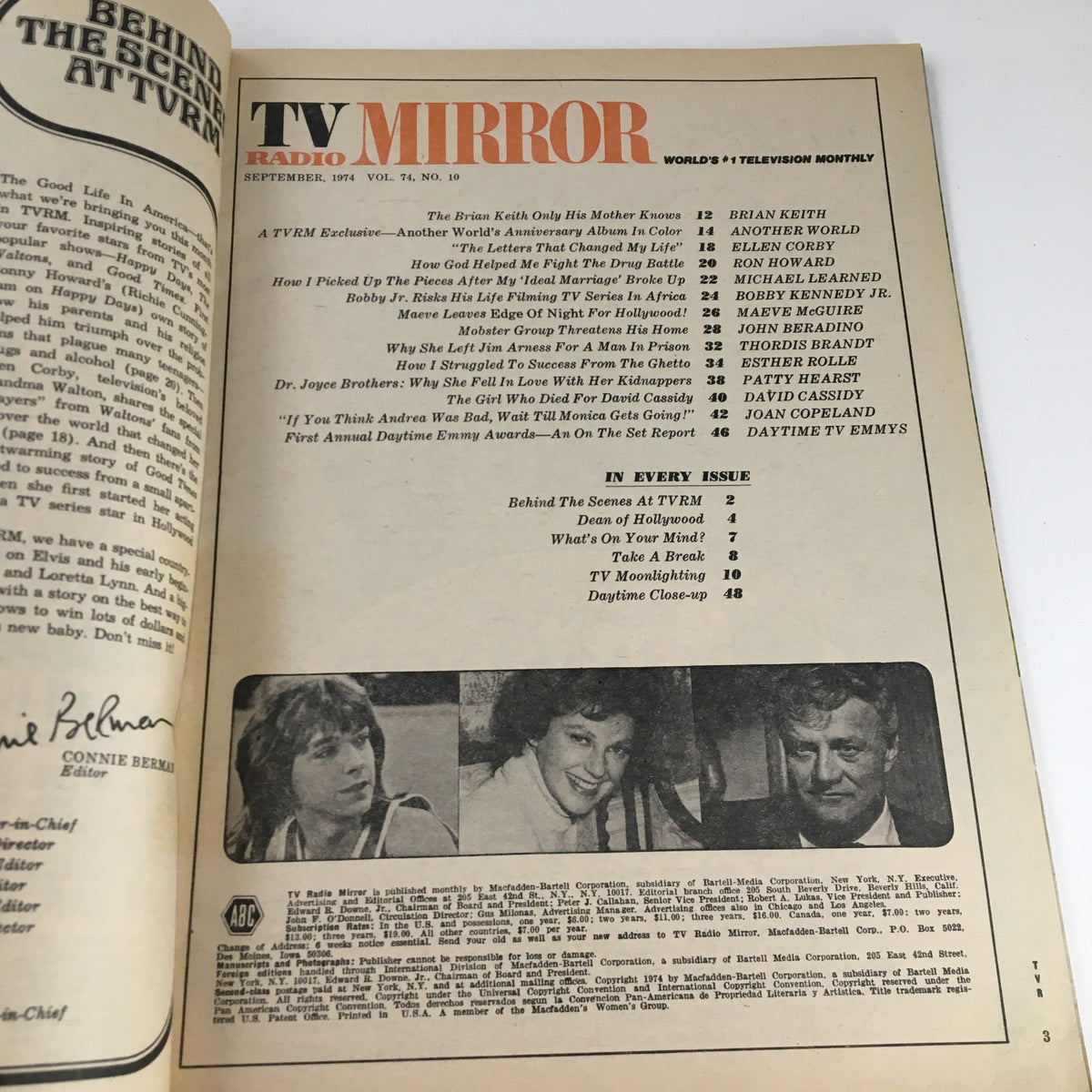 Inside page of TV Radio Mirror Magazine September 1974 with contents listing including articles about Ron Howard and other celebrities of the time.