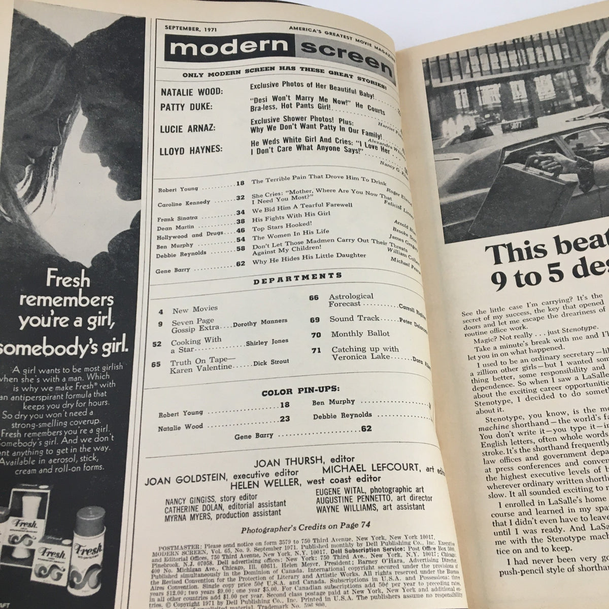 Inside page of Modern Screen Magazine September 1971 featuring a table of contents and articles related to Caroline Kennedy and Jacqueline Kennedy, highlighting iconic figures and trends of the 1970s.