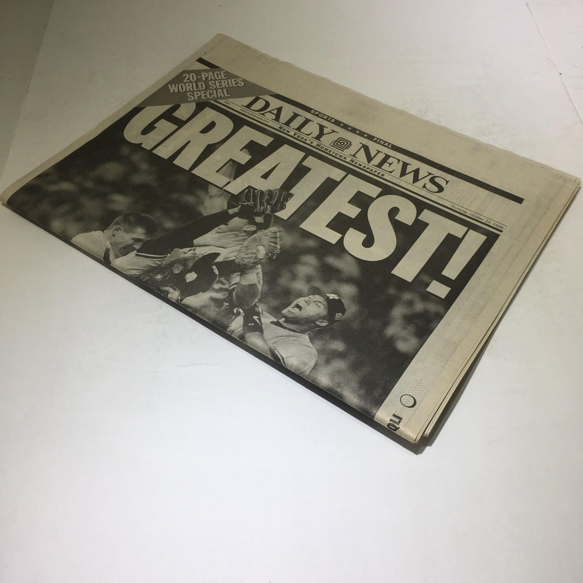 New York Daily News front page with 'GREATEST!' headline, highlighting New York Yankees' World Series success, published on October 22, 1998.