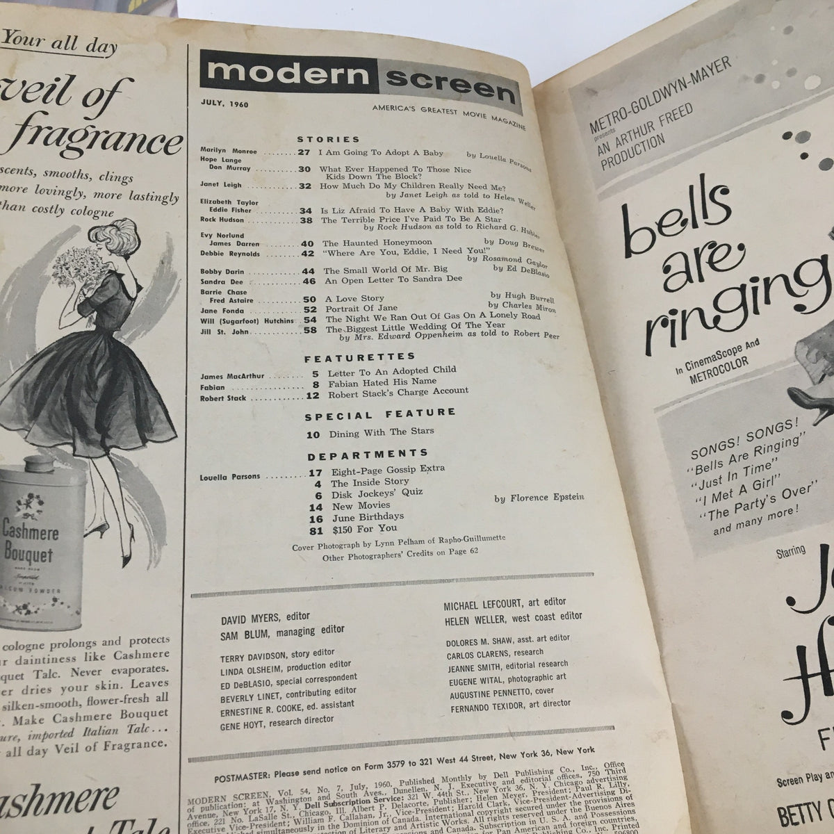Modern Screen Magazine July 1960 featuring stories and articles about Elizabeth Taylor and Hollywood stars, showcasing the index page with featured stories and columns.