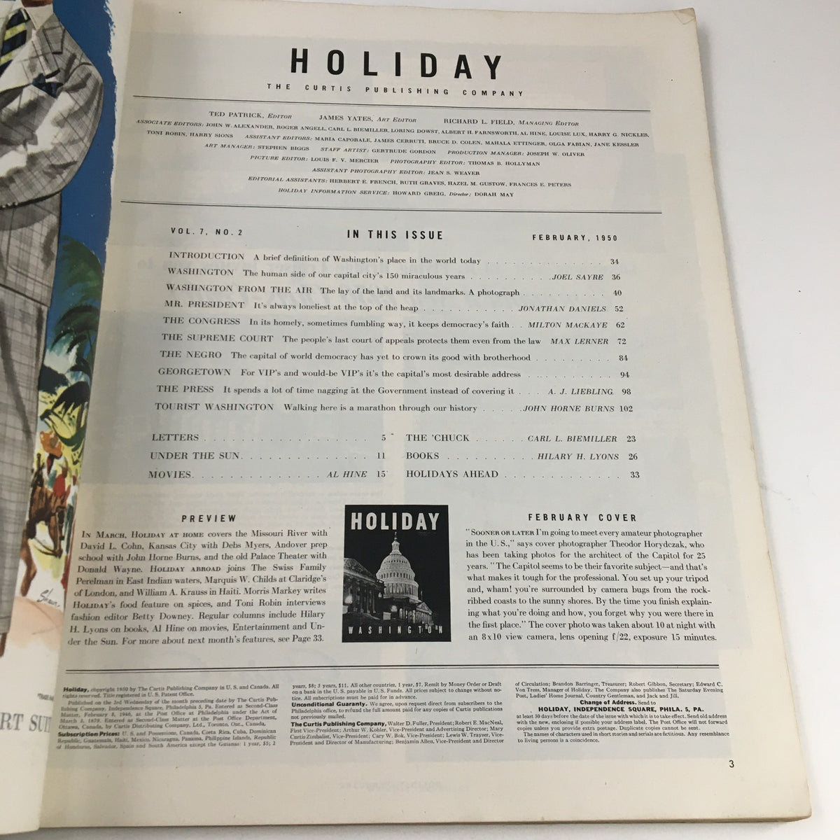 Interior page of Holiday Magazine February 1950 displaying the table of contents and featured articles, offering insights into mid-century America.