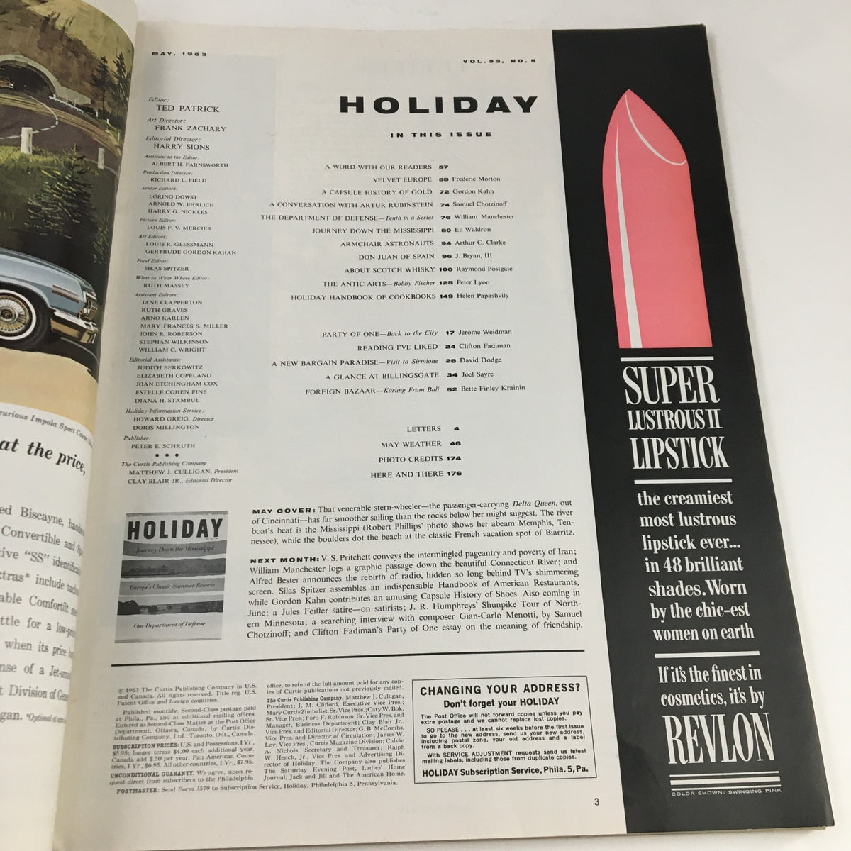 Interior page of Holiday Magazine May 1963 showcasing the table of contents and advertisements from the era.