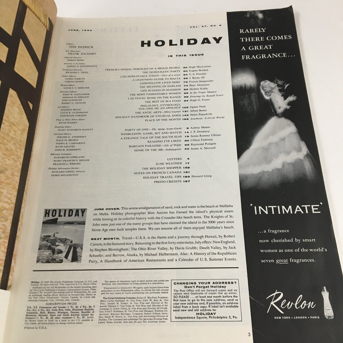 Interior page of Holiday Magazine June 1960 displaying the table of contents and advertisements, highlighting features such as the seafood culture in New York.