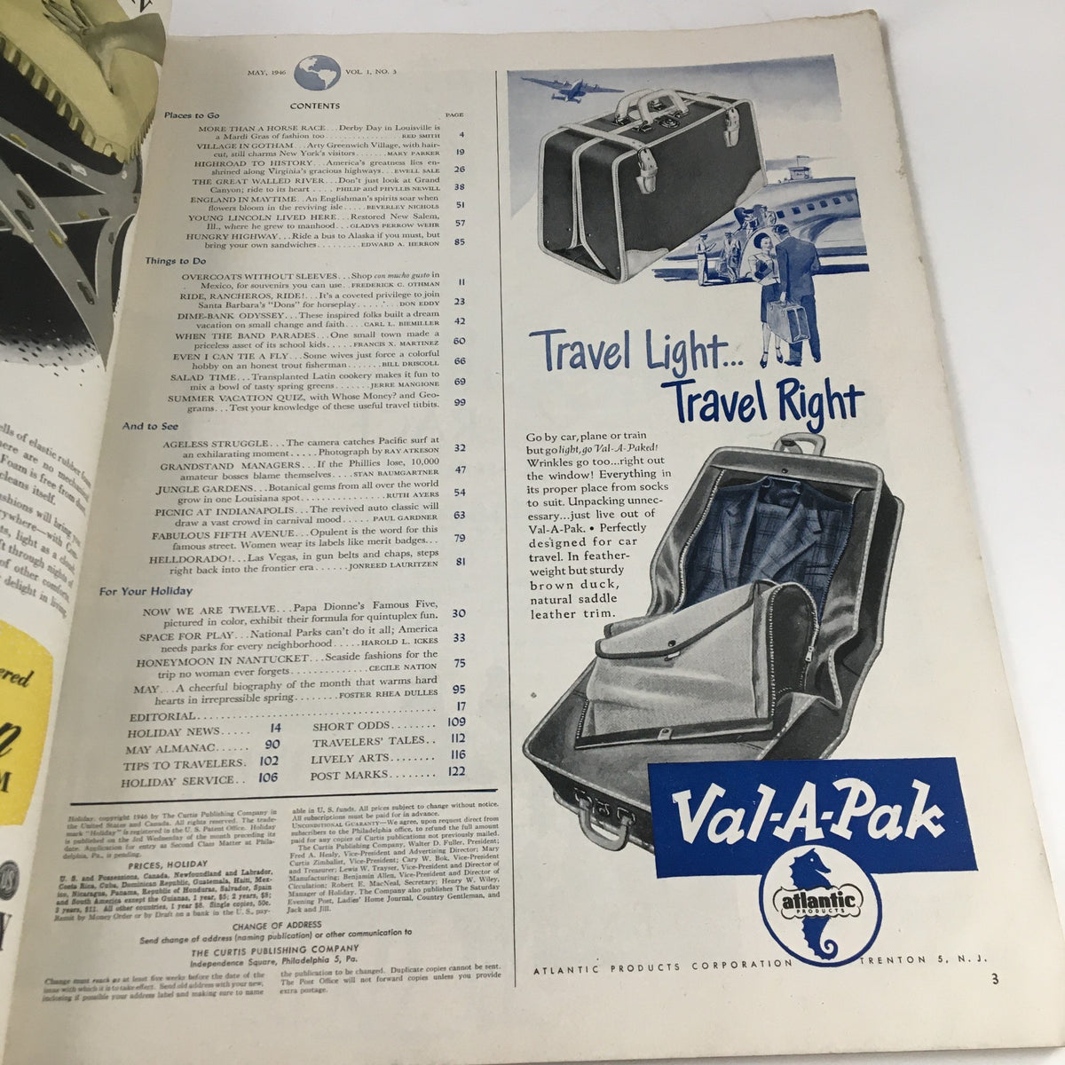Interior page of Holiday Magazine May 1946 showcasing the table of contents and an advertisement for Val-A-Pak travel accessories.