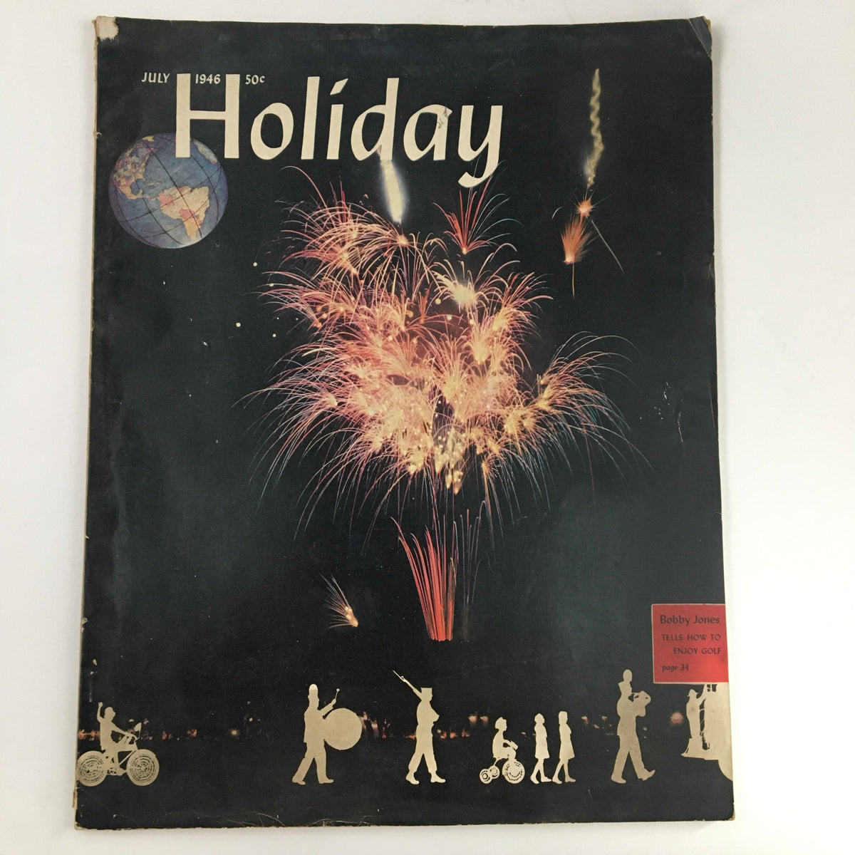 Cover of Holiday Magazine July 1946 featuring a vibrant fireworks display, historical graphics, and silhouettes of people, titled 'Holiday Magazine July 1946 Sweden Spreads The Carpet The Land of White'.