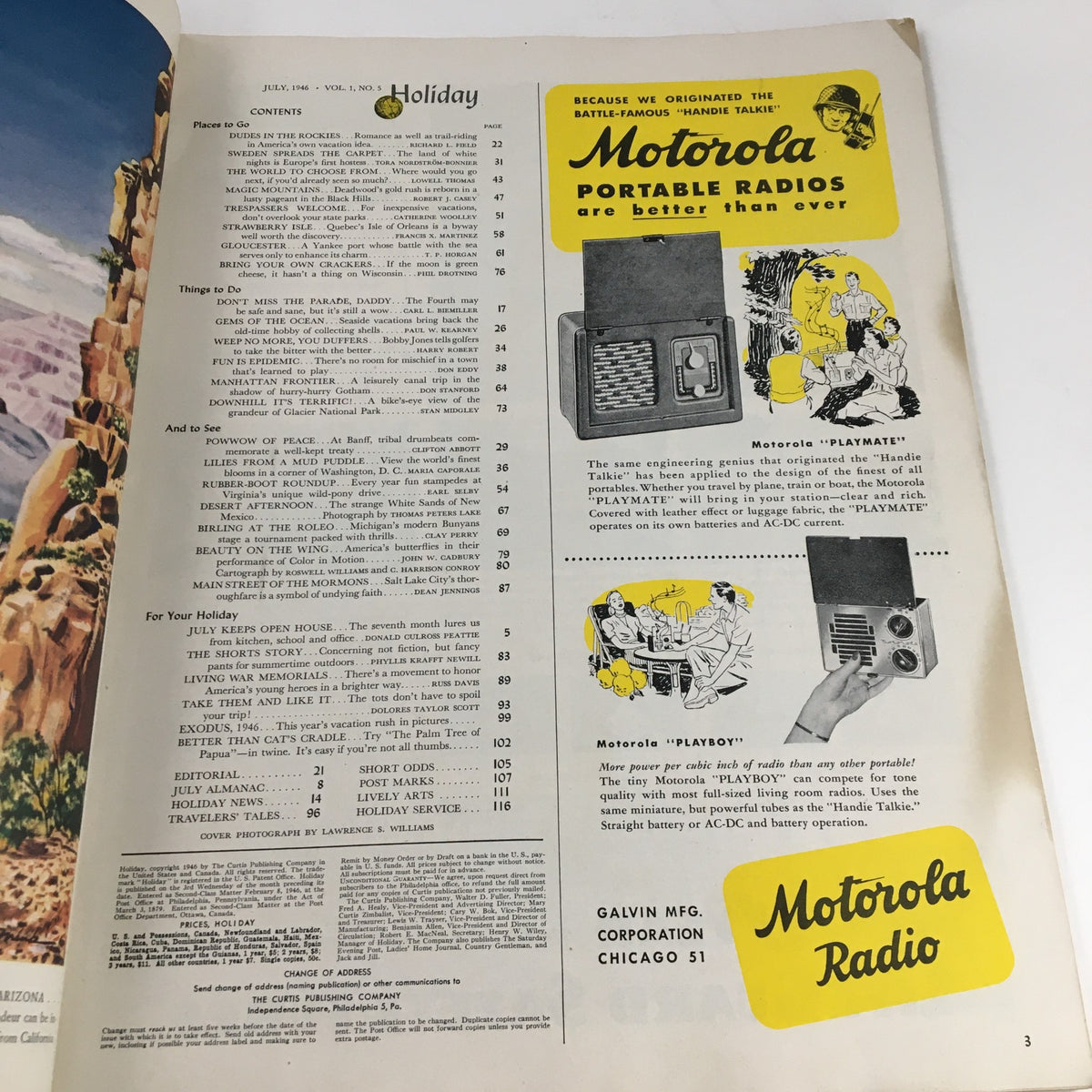 Interior page of Holiday Magazine July 1946 showing the table of contents and an advertisement for Motorola portable radios, highlighting the magazine's historical context.