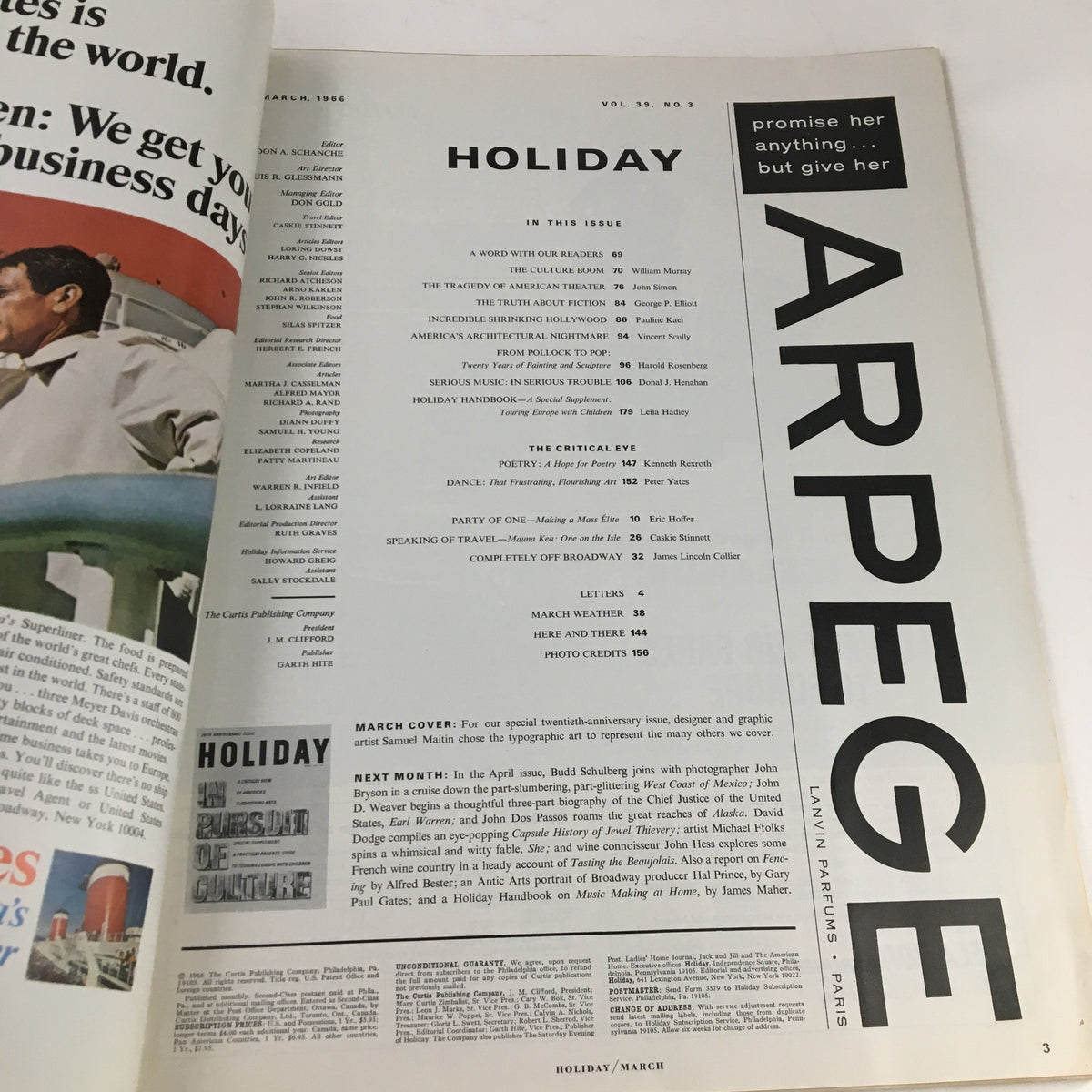 Inside page of Holiday Magazine March 1966 showing the table of contents, including the article 'Incredible Shrinking Hollywood' as part of its featured sections.