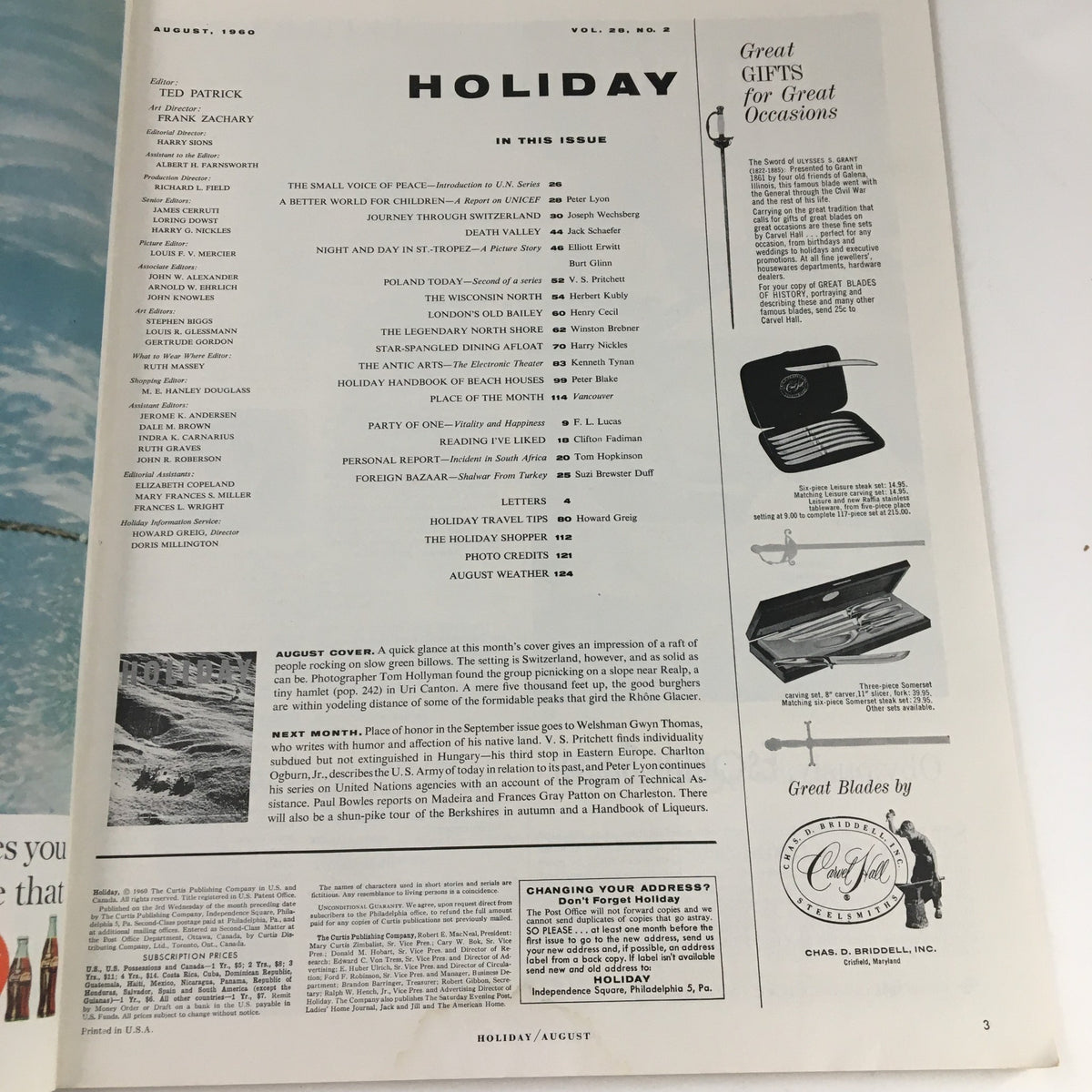 Table of contents of Holiday Magazine August 1960, showcasing article titles and features within the issue, which explores travel in Switzerland.